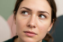 A close-up, photorealistic image of a woman's face. She has a pensive expression, with her eyes looking up and to the side. Her skin is shown in realistic detail. The background is a soft-focus, abstract blend of dusty rose, sage green, cream, and charcoal.
