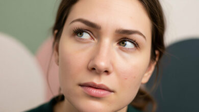A close-up, photorealistic image of a woman's face. She has a pensive expression, with her eyes looking up and to the side. Her skin is shown in realistic detail. The background is a soft-focus, abstract blend of dusty rose, sage green, cream, and charcoal.