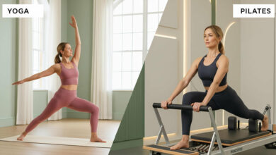A split-screen, photorealistic image comparing yoga and Pilates. On the left, a woman in her forties wearing a dusty rose outfit is in the Warrior II yoga pose inside a serene studio with sage green walls. On the right, the same woman, dressed in charcoal activewear, performs an exercise on a Pilates reformer in a modern, cream-walled studio.