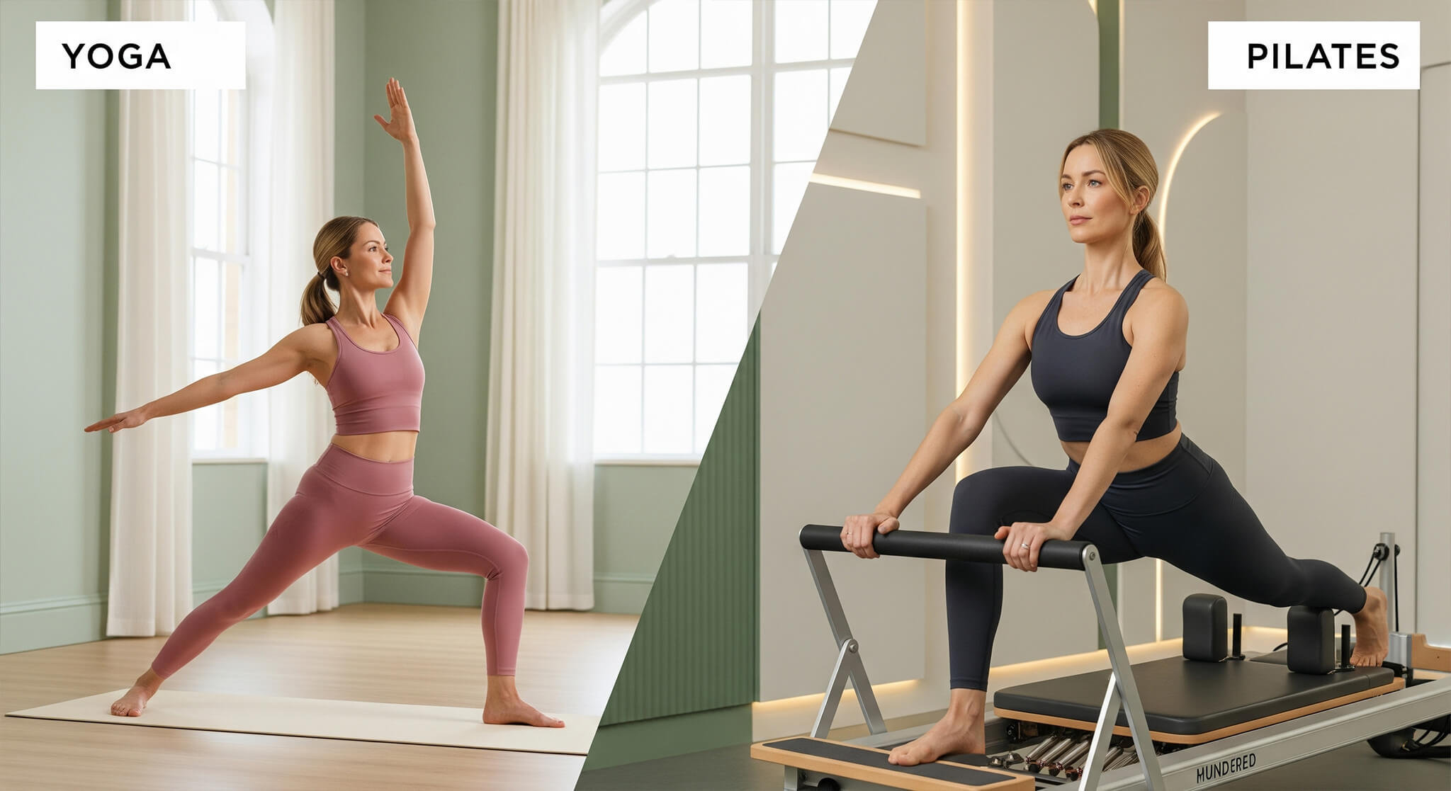 A split-screen, photorealistic image comparing yoga and Pilates. On the left, a woman in her forties wearing a dusty rose outfit is in the Warrior II yoga pose inside a serene studio with sage green walls. On the right, the same woman, dressed in charcoal activewear, performs an exercise on a Pilates reformer in a modern, cream-walled studio.