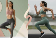 Alt text: A woman in athletic wear sits in a yoga pose on a mat, stretching her neck, against a plain background. The words "YOGA vs. CARDIO SPORTS" are displayed prominently at the bottom of the image.