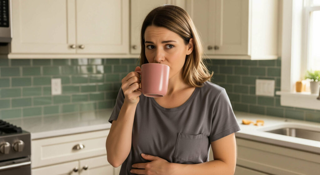 A woman sips coffee on an empty stomach, with a half-eaten breakfast on the table, representing 'Habit #1: Your Morning Coffee Comes Before Your Breakfast.' This scene illustrates a 'daily habit secretly damaging your skin' according to the 'guide to adult acne