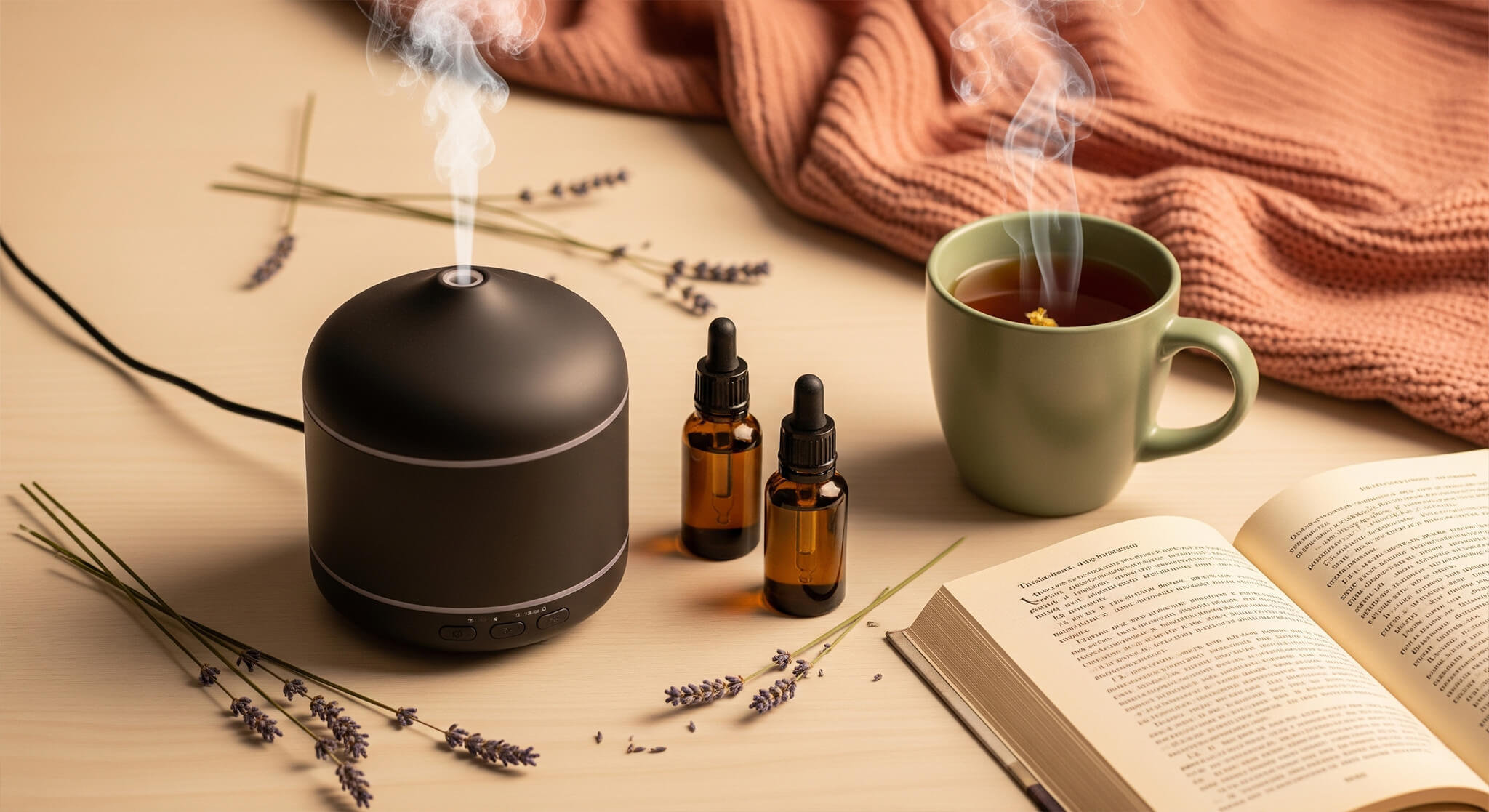 A cozy flat lay of a 'favorite scent blend for a relaxing evening,' featuring an aromatherapy diffuser, essential oils, and herbal tea. This scene, styled with a Dusty Rose blanket and a Sage Green mug, is from a 'beginner's guide to aromatherapy' for 'stress, sleep, and focus'.