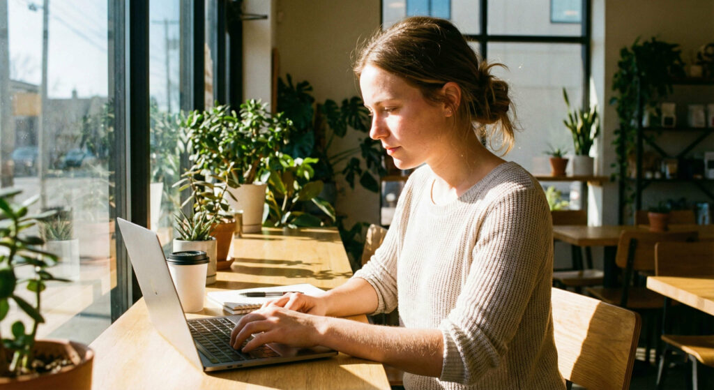 Woman working indoors near a window with sunlight hitting her face, illustrating the need for indoor sunscreen.
