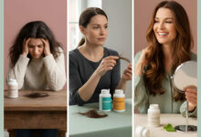 Visual review of anti-stress supplements like Ashwagandha and Magnesium for hair health, showing a woman distressed by hair loss, then thoughtfully examining her hair, and finally smiling confidently with healthy hair