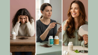 Visual review of anti-stress supplements like Ashwagandha and Magnesium for hair health, showing a woman distressed by hair loss, then thoughtfully examining her hair, and finally smiling confidently with healthy hair