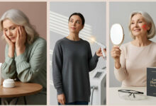 A visual comparison of age spot treatments, showing a woman looking concerned with topical creams, a second woman looking hopeful during a laser therapy session, and a third woman smiling confidently post-treatment