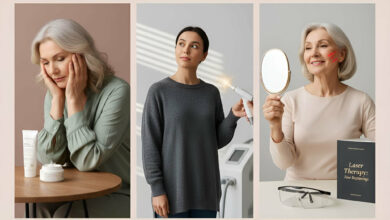 A visual comparison of age spot treatments, showing a woman looking concerned with topical creams, a second woman looking hopeful during a laser therapy session, and a third woman smiling confidently post-treatment