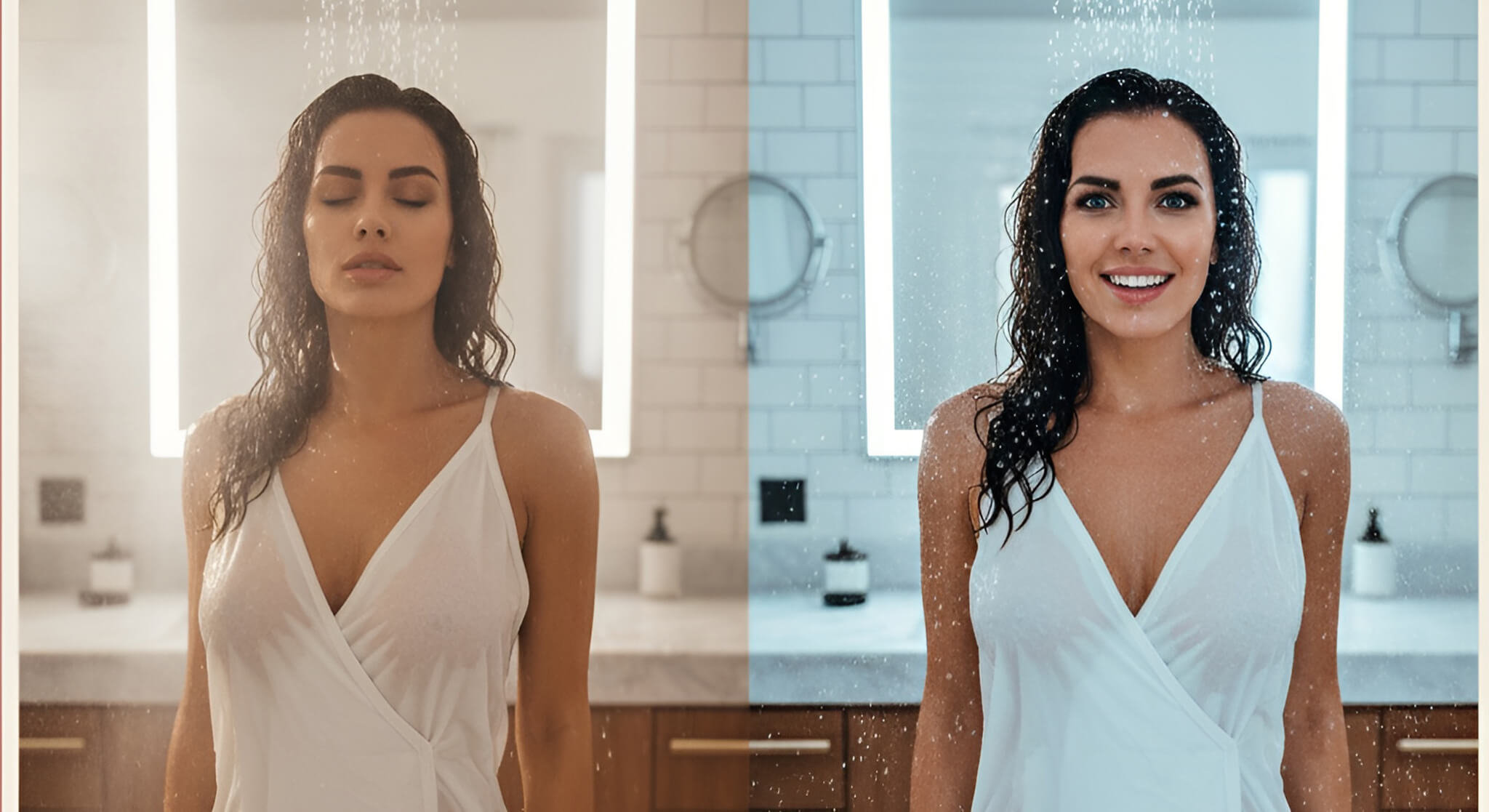 A split image shows a gorgeous woman experiencing the effects of a hot shower versus a cold shower, comparing their impact on morning alertness.