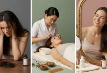 Visual story: A woman distressed by hair loss, then undergoing an acupuncture session for hair treatment, and finally smiling confidently at her healthy hair in a mirror, highlighting traditional methods.