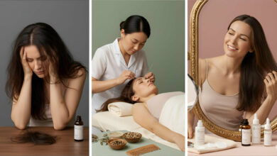 Visual story: A woman distressed by hair loss, then undergoing an acupuncture session for hair treatment, and finally smiling confidently at her healthy hair in a mirror, highlighting traditional methods.