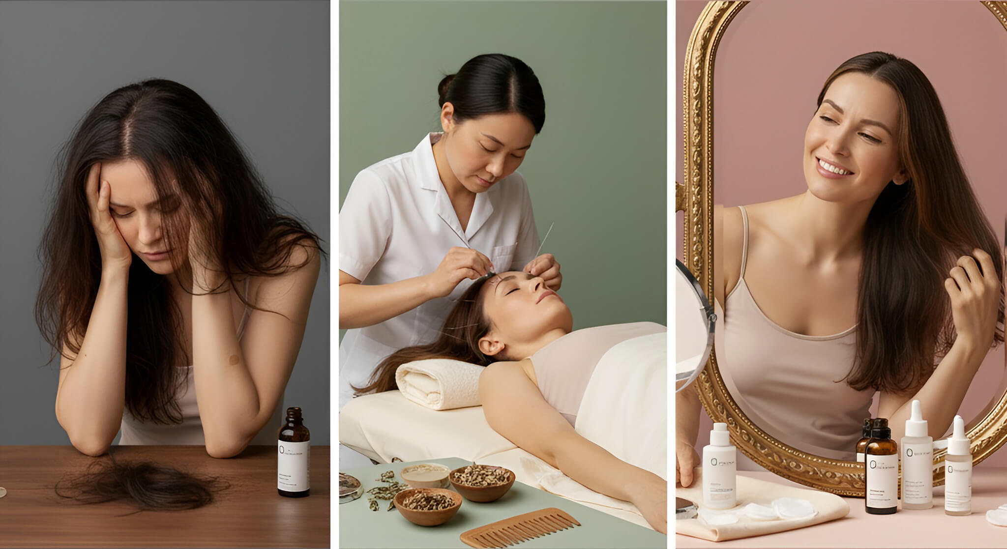 Visual story: A woman distressed by hair loss, then undergoing an acupuncture session for hair treatment, and finally smiling confidently at her healthy hair in a mirror, highlighting traditional methods.