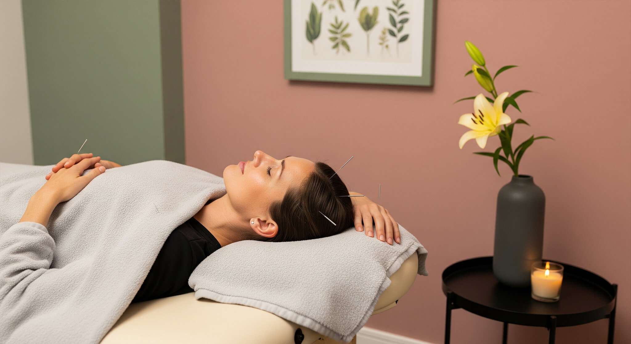 Woman undergoing acupuncture treatment, with needles gently placed on her scalp, in a tranquil room with dusty rose and sage green walls, suggesting relief for seasonal hair loss.