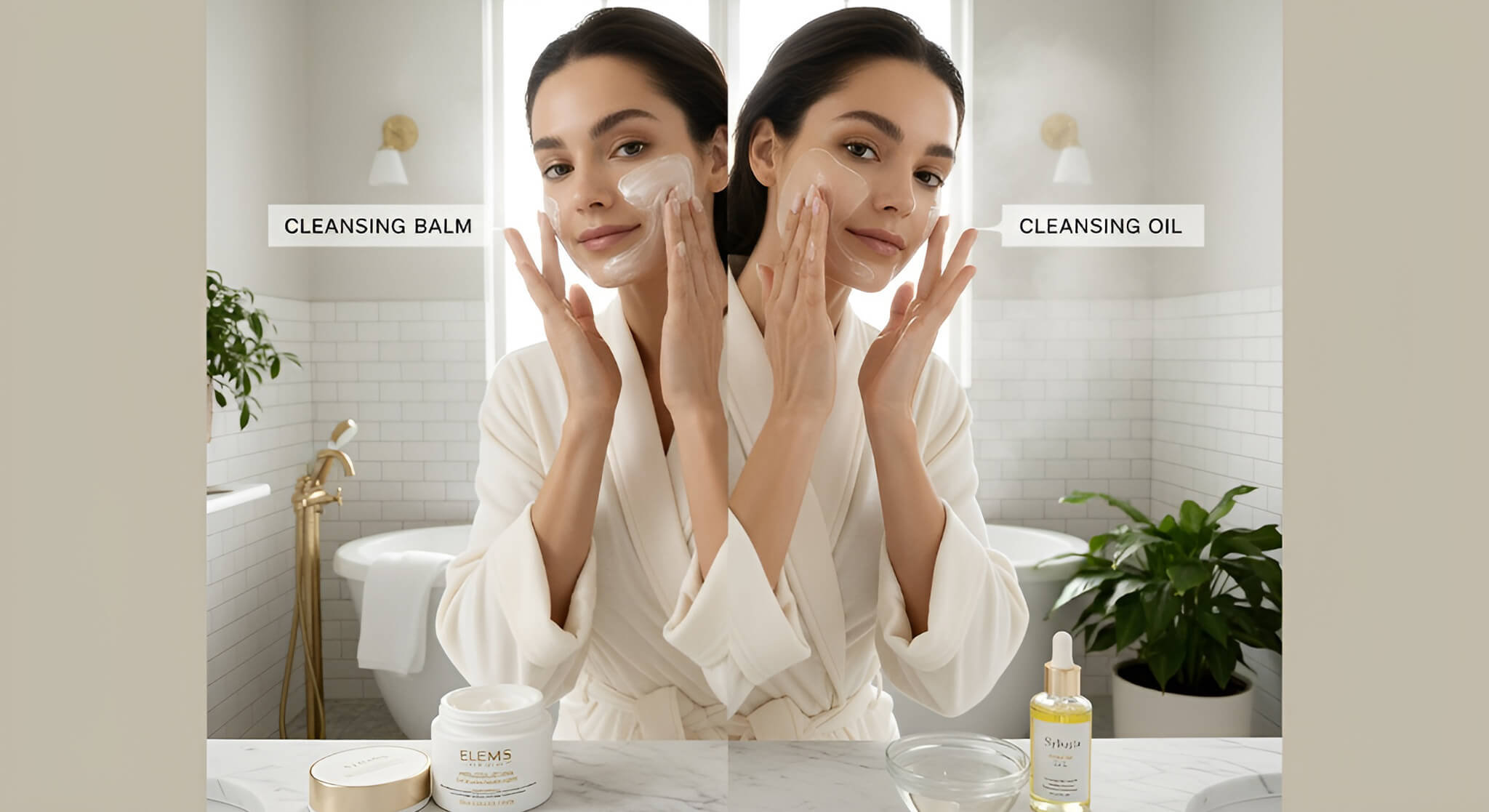 A gorgeous woman in a stylish bathroom compares Elemis Pro-Collagen cleansing balm with a cleansing oil during her skincare routine.