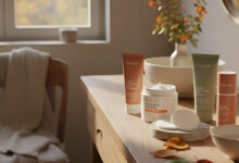 Dr. Dennis Gross peel pads and other skincare products, in dusty rose and sage green packaging, displayed on a wooden vanity with autumn leaves and a warm, natural light from a window, inviting a discussion on seasonal exfoliation.