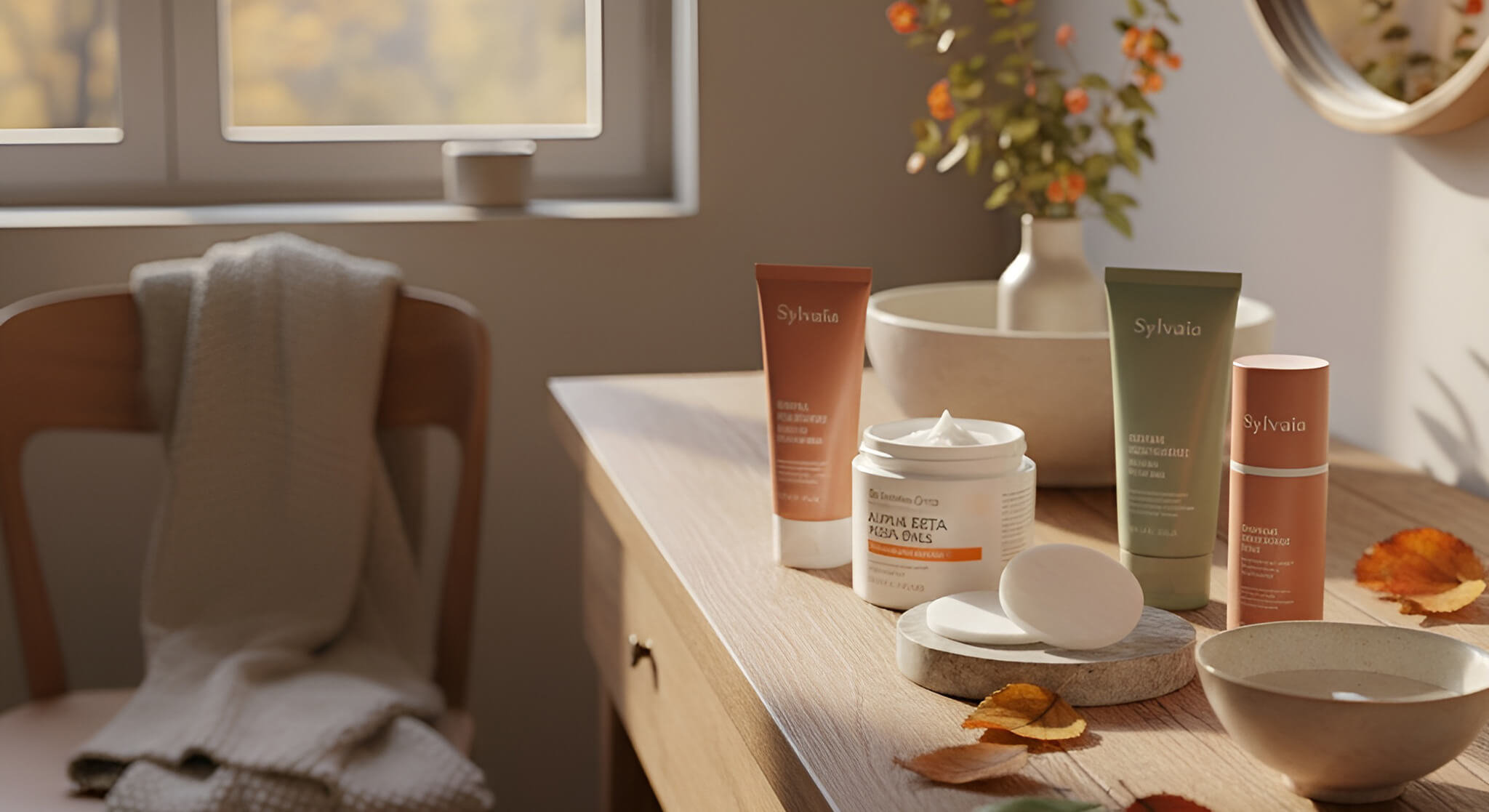 Dr. Dennis Gross peel pads and other skincare products, in dusty rose and sage green packaging, displayed on a wooden vanity with autumn leaves and a warm, natural light from a window, inviting a discussion on seasonal exfoliation.