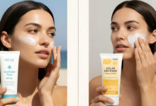 A split image compares two gorgeous women applying sunscreen: one uses a European chemical sunscreen, and the other an American version, for an in-depth review of their differences.