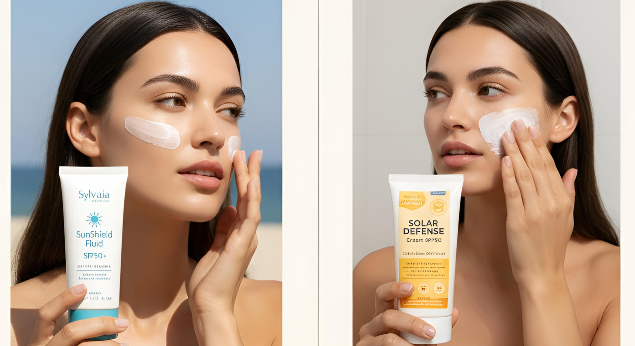 A split image compares two gorgeous women applying sunscreen: one uses a European chemical sunscreen, and the other an American version, for an in-depth review of their differences.