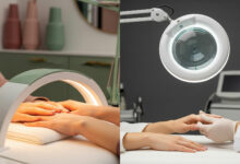 Split image: hands under a UV nail lamp in a salon (dusty rose/sage green) vs. a dermatologist's examination (cream/charcoal), for gel polish safety topics.