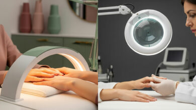 Split image: hands under a UV nail lamp in a salon (dusty rose/sage green) vs. a dermatologist's examination (cream/charcoal), for gel polish safety topics.