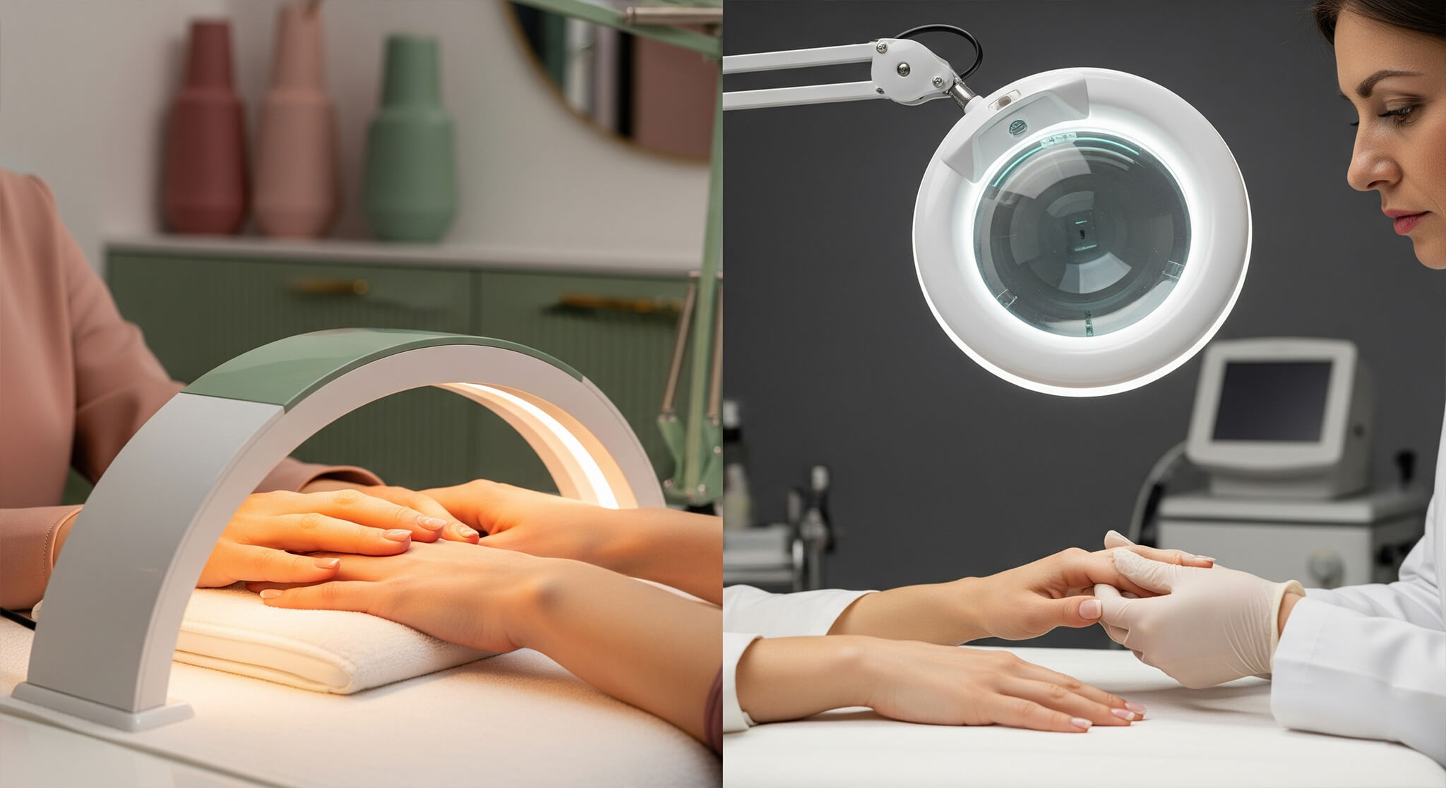 Split image: hands under a UV nail lamp in a salon (dusty rose/sage green) vs. a dermatologist's examination (cream/charcoal), for gel polish safety topics.