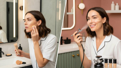 Split image comparing foundation application. Left: woman applying foundation with a sponge (cream/charcoal bathroom). Right: woman using an at-home airbrush makeup kit with flawless results (dusty rose/sage green bathroom), for beauty and makeup reviews