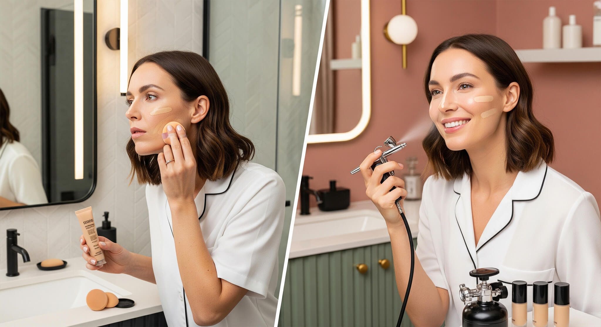 Split image comparing foundation application. Left: woman applying foundation with a sponge (cream/charcoal bathroom). Right: woman using an at-home airbrush makeup kit with flawless results (dusty rose/sage green bathroom), for beauty and makeup reviews
