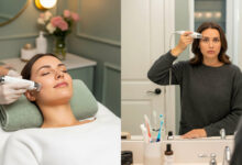 Split image comparing microdermabrasion. Left: professional treatment in a salon (dusty rose/sage green). Right: woman using at-home device in a bathroom (cream/charcoal), for skincare effectiveness and reviews