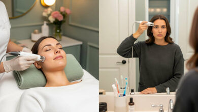 Split image comparing microdermabrasion. Left: professional treatment in a salon (dusty rose/sage green). Right: woman using at-home device in a bathroom (cream/charcoal), for skincare effectiveness and reviews