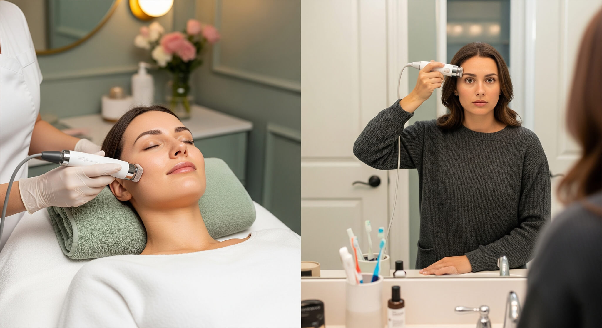 Split image comparing microdermabrasion. Left: professional treatment in a salon (dusty rose/sage green). Right: woman using at-home device in a bathroom (cream/charcoal), for skincare effectiveness and reviews