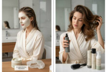 A split image comparing hair care methods: one side shows a woman with a hair mask for at-home protein treatment, the other shows a woman applying daily volumizing products.