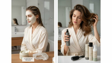 A split image comparing hair care methods: one side shows a woman with a hair mask for at-home protein treatment, the other shows a woman applying daily volumizing products.