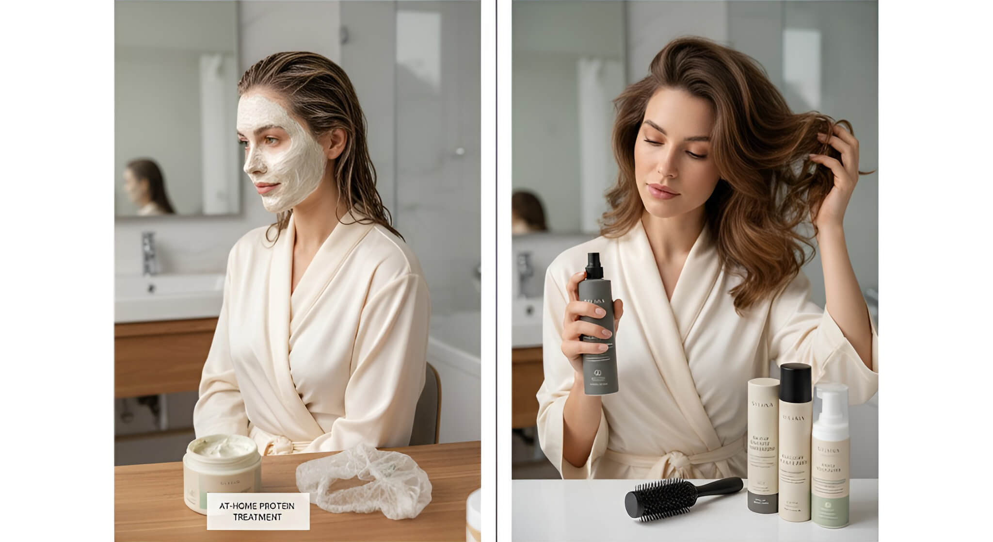 A split image comparing hair care methods: one side shows a woman with a hair mask for at-home protein treatment, the other shows a woman applying daily volumizing products.