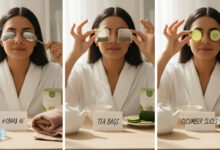 A split image shows a woman demonstrating three at-home remedies for puffy eyes: cold spoons, tea bags, and cucumber slices.