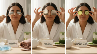 A split image shows a woman demonstrating three at-home remedies for puffy eyes: cold spoons, tea bags, and cucumber slices.