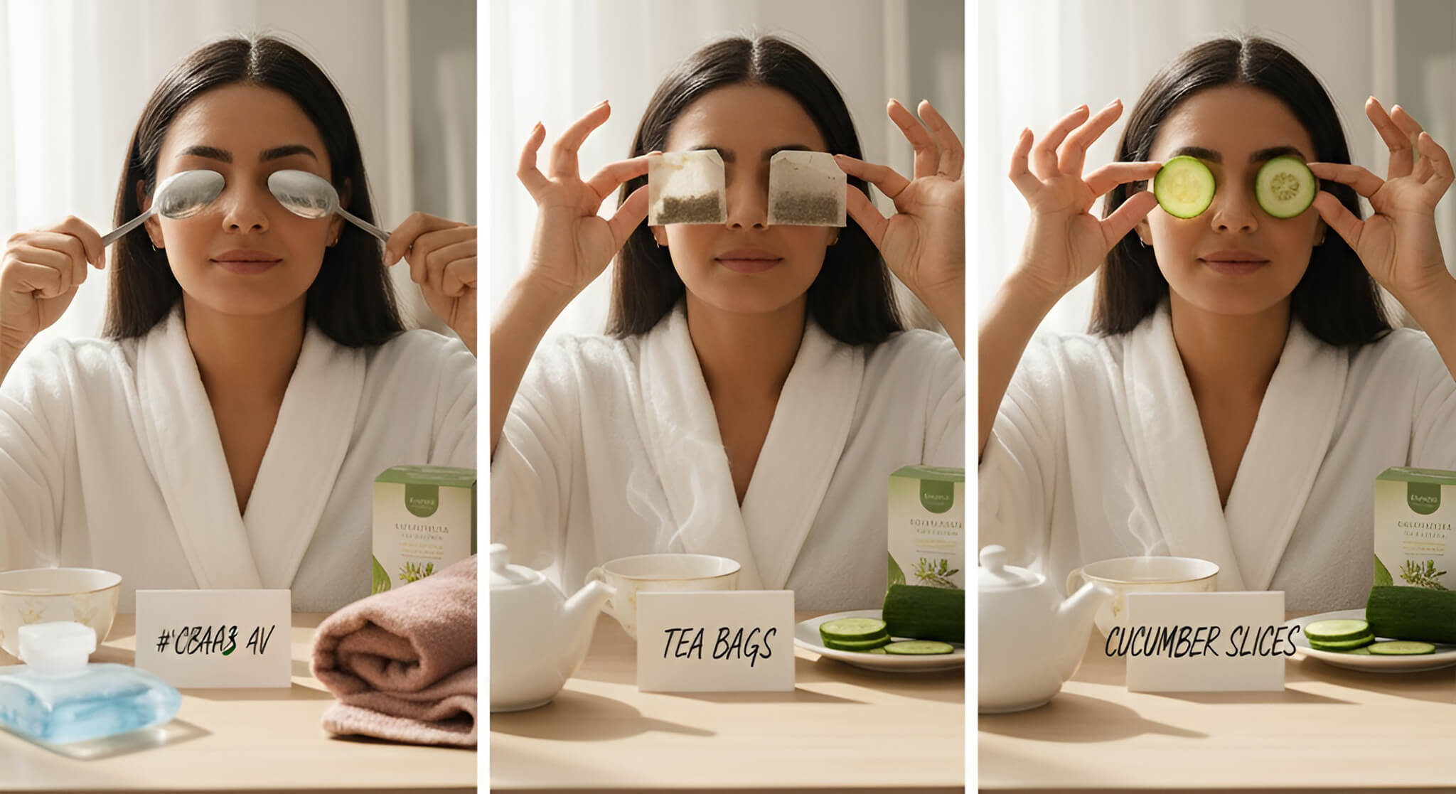 A split image shows a woman demonstrating three at-home remedies for puffy eyes: cold spoons, tea bags, and cucumber slices.