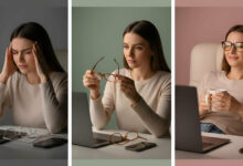 Visual ranking of blue-light-blocking glasses: A woman suffering from eye strain at a computer, then thoughtfully examining blue-light-blocking glasses, and finally comfortably working with glasses, highlighting their benefits for evening use.