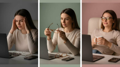 Visual ranking of blue-light-blocking glasses: A woman suffering from eye strain at a computer, then thoughtfully examining blue-light-blocking glasses, and finally comfortably working with glasses, highlighting their benefits for evening use.