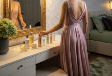 Elegant woman in a dusty rose gown selecting a body shimmer from a vanity collection for a party or evening event, in a chic bedroom with sage green and charcoal decor.