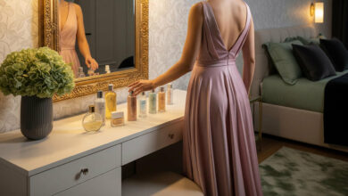 Elegant woman in a dusty rose gown selecting a body shimmer from a vanity collection for a party or evening event, in a chic bedroom with sage green and charcoal decor.
