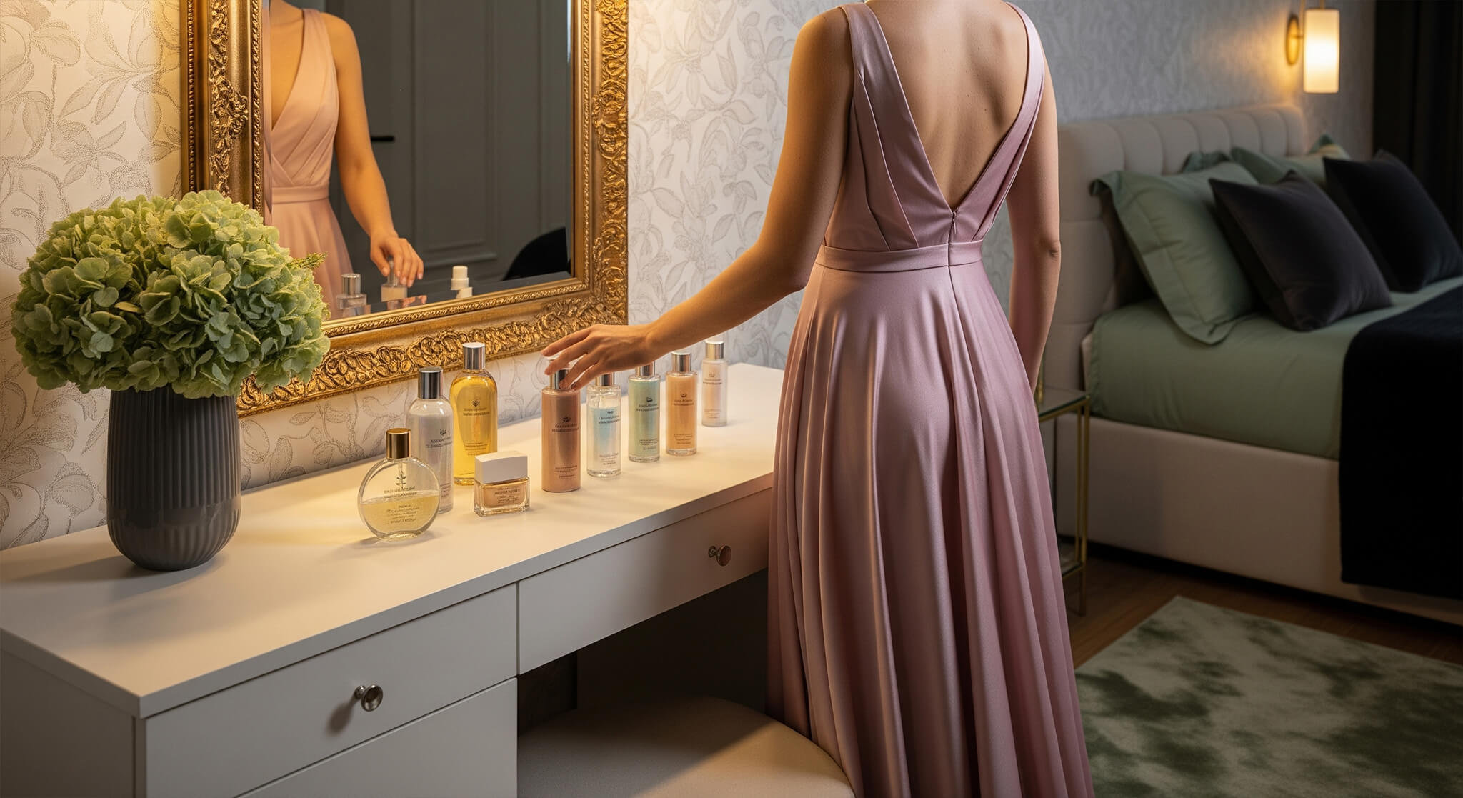 Elegant woman in a dusty rose gown selecting a body shimmer from a vanity collection for a party or evening event, in a chic bedroom with sage green and charcoal decor.