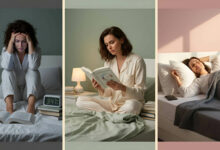 Visual story: A woman struggling with insomnia and late-night screen use, then thoughtfully reading a book on sleep science, and finally peacefully sleeping, illustrating the benefit of understanding sleep to improve rest.