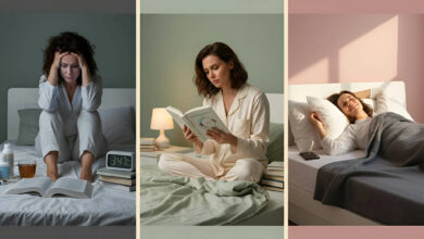 Visual story: A woman struggling with insomnia and late-night screen use, then thoughtfully reading a book on sleep science, and finally peacefully sleeping, illustrating the benefit of understanding sleep to improve rest.