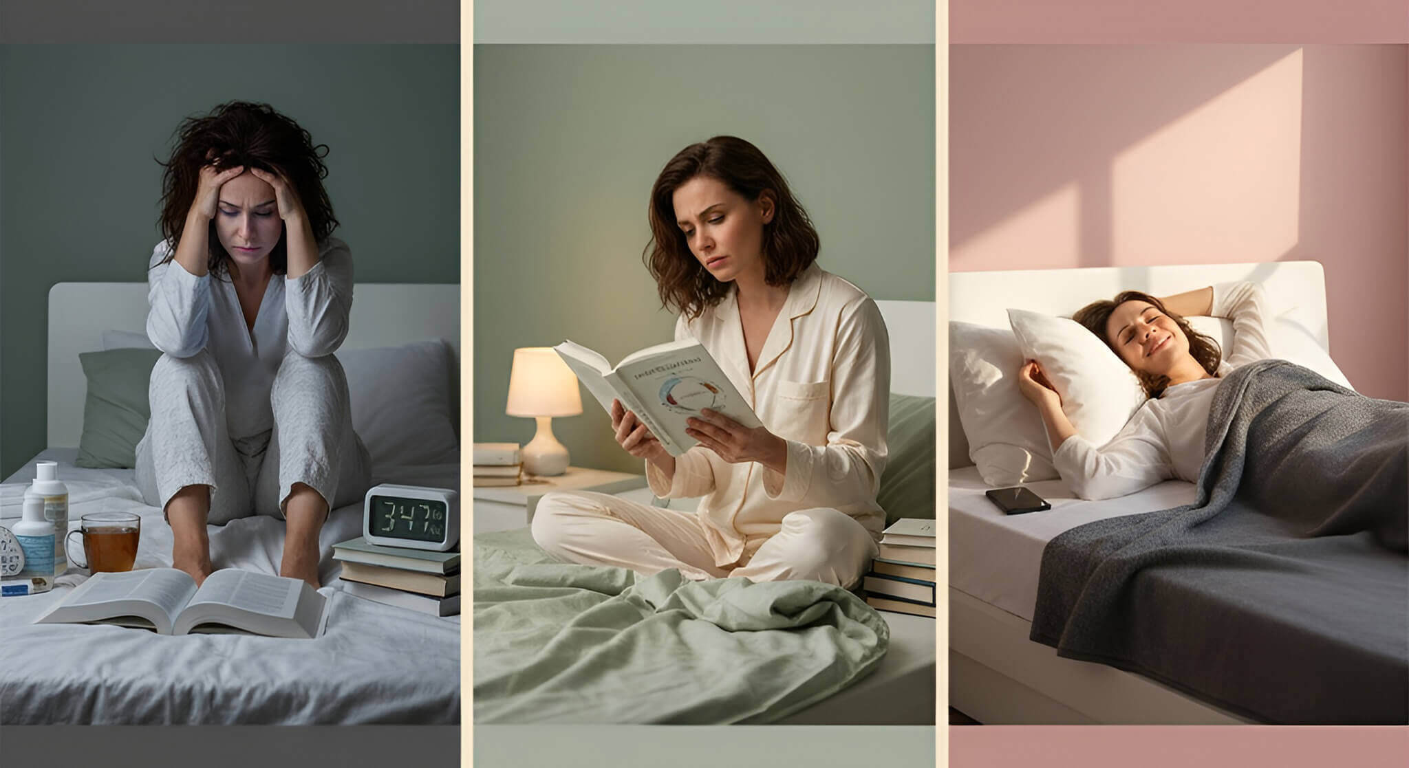 Visual story: A woman struggling with insomnia and late-night screen use, then thoughtfully reading a book on sleep science, and finally peacefully sleeping, illustrating the benefit of understanding sleep to improve rest.