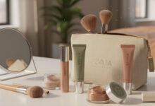 A stylish arrangement of cream eyeshadows and makeup brushes on a vanity, in soft dusty rose and sage green packaging, ready for a quick and long-lasting makeup look.