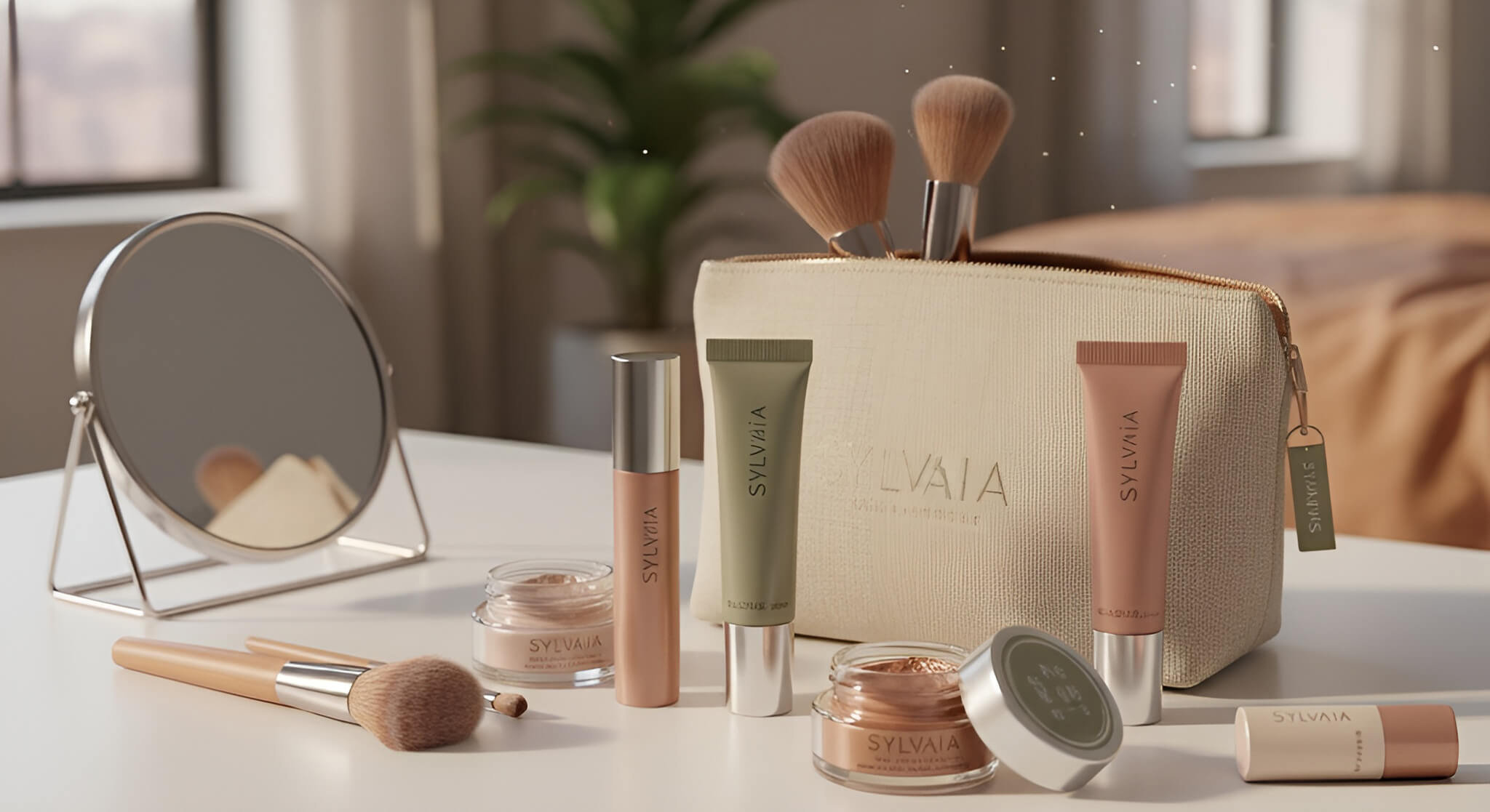 A stylish arrangement of cream eyeshadows and makeup brushes on a vanity, in soft dusty rose and sage green packaging, ready for a quick and long-lasting makeup look.
