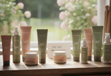 A collection of daily moisturizers with SPF arranged on a rustic wooden vanity in front of a sunlit window with a garden view.