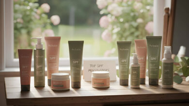 A collection of daily moisturizers with SPF arranged on a rustic wooden vanity in front of a sunlit window with a garden view.