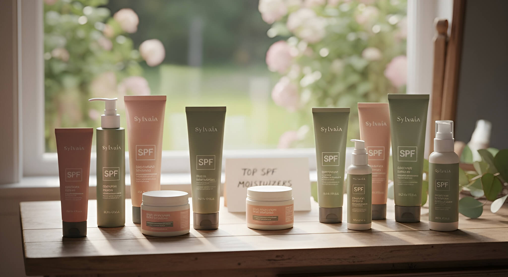 A collection of daily moisturizers with SPF arranged on a rustic wooden vanity in front of a sunlit window with a garden view.