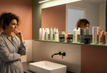 Woman with curly hair thoughtfully examining a shelf of anti-frizz products (dusty rose, sage green, cream, charcoal packaging) in a modern bathroom, for drugstore hair product reviews.